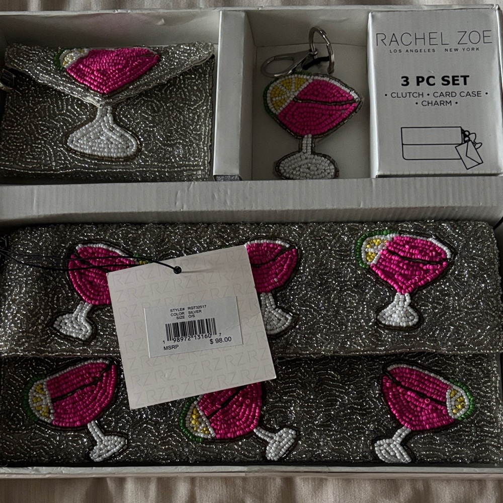 Rachel Zoe Silver and Pink Beaded Clutch Set